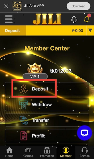 Step 1: JiLiAsia Casino login and click “Deposit”