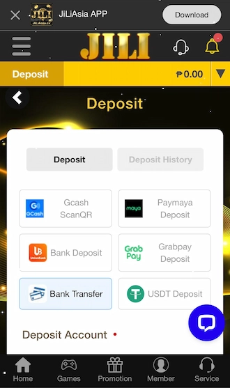 Step 1: Begin by selecting the Bank Transfer deposit method